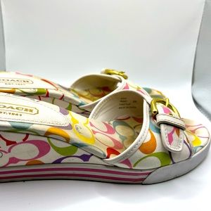 Coach Perry Wedge Sandal White Multi Colored Coach Logo Size 9B